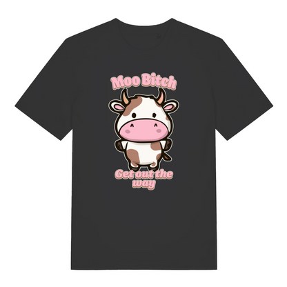 black kawaii t-shirt with the graphic of a cartoon cow and the slogan 'moo bitch get out the way'