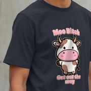 Black cute cow t-shirt with a cartoon cow and the slogan 