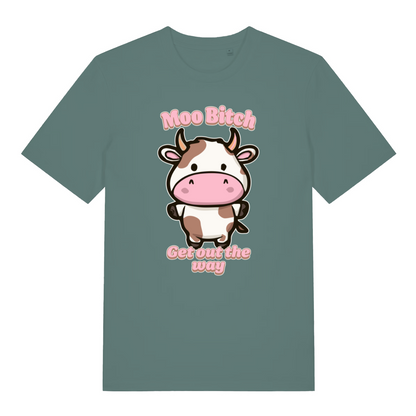 green kawaii t-shirt with the graphic of a cartoon cow and the slogan 'moo bitch get out the way'