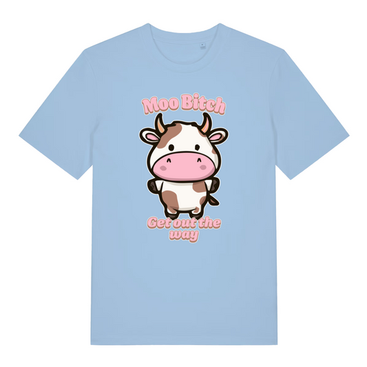 light blue kawaii t-shirt with the graphic of a cartoon cow and the slogan 'moo bitch get out the way'
