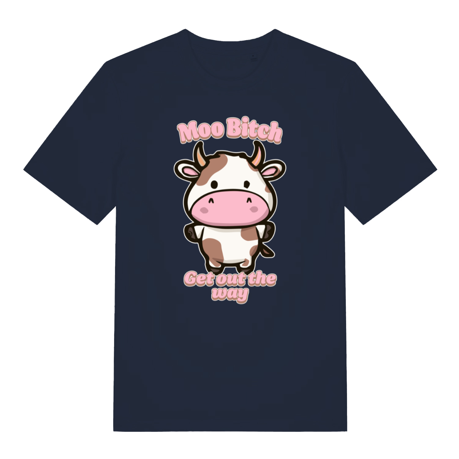 navy kawaii t-shirt with the graphic of a cartoon cow and the slogan 'moo bitch get out the way'