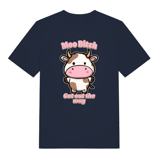 navy kawaii t-shirt with the graphic of a cartoon cow and the slogan 'moo bitch get out the way'