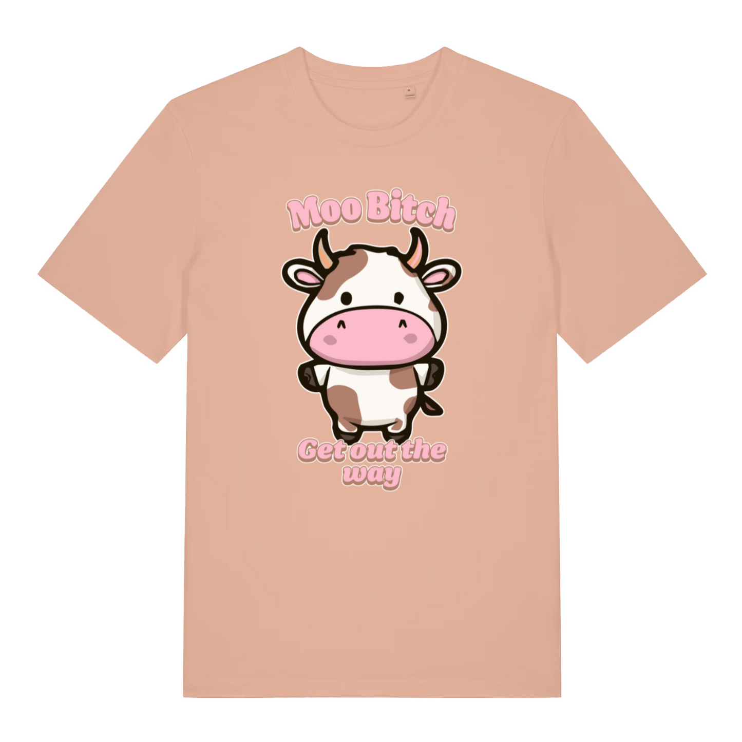 peach kawaii t-shirt with the graphic of a cartoon cow and the slogan 'moo bitch get out the way'
