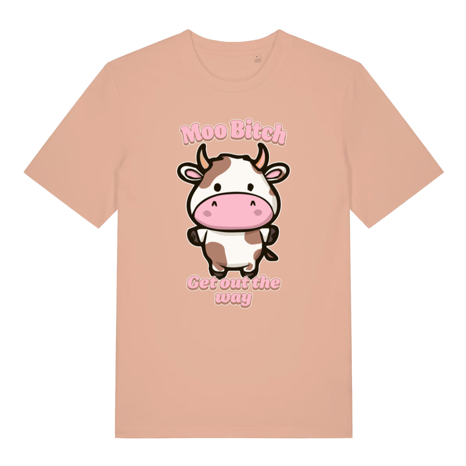peach kawaii t-shirt with the graphic of a cartoon cow and the slogan 'moo bitch get out the way'