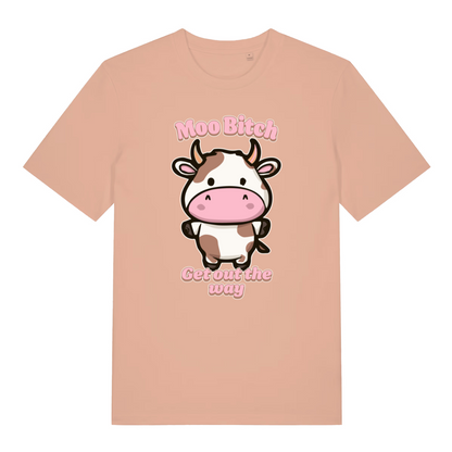 peach kawaii t-shirt with the graphic of a cartoon cow and the slogan 'moo bitch get out the way'
