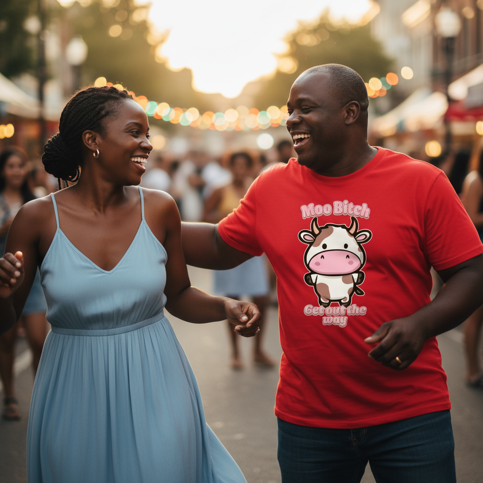 Man and woman walking together at a festival, man wearing a red t-shirt with a cow graphic.