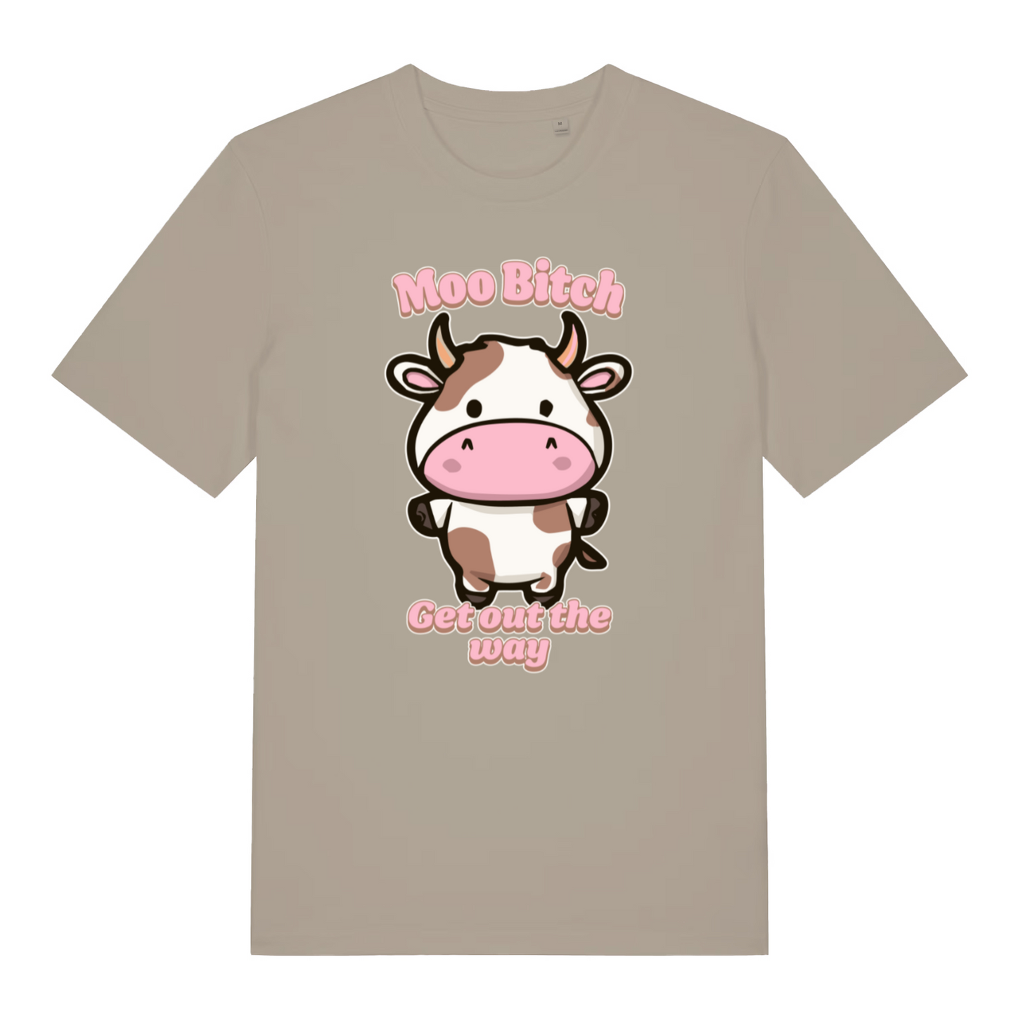 stone kawaii t-shirt with the graphic of a cartoon cow and the slogan 'moo bitch get out the way'