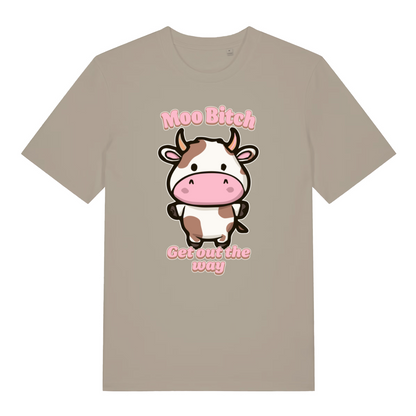 stone kawaii t-shirt with the graphic of a cartoon cow and the slogan 'moo bitch get out the way'