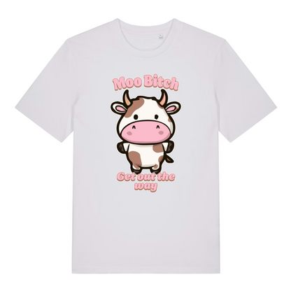 white kawaii t-shirt with the graphic of a cartoon cow and the slogan 'moo bitch get out the way'