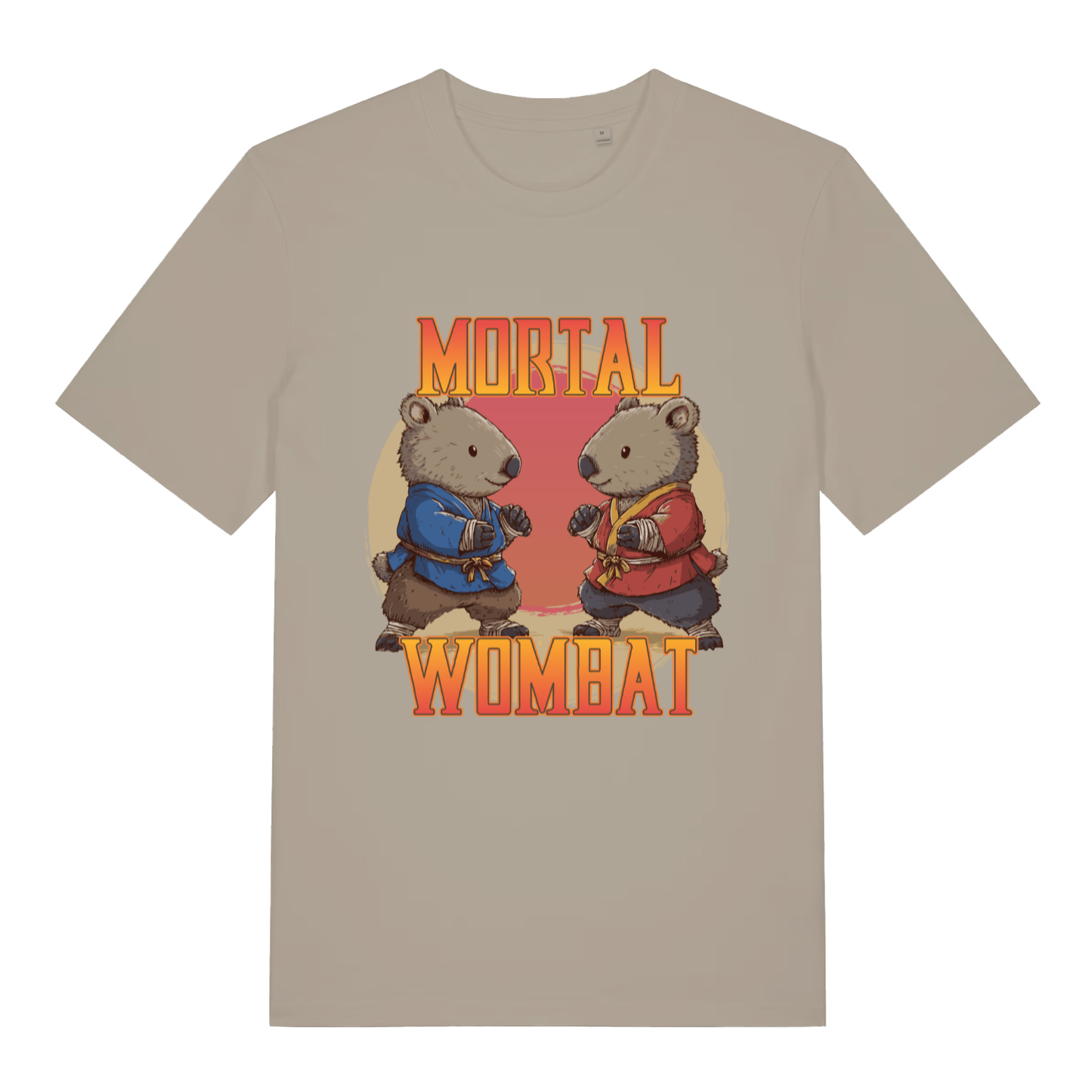 Beige Mortal Wombat funny graphic t-shirt with two fighting wombats and bold “MORTAL WOMBAT” text  