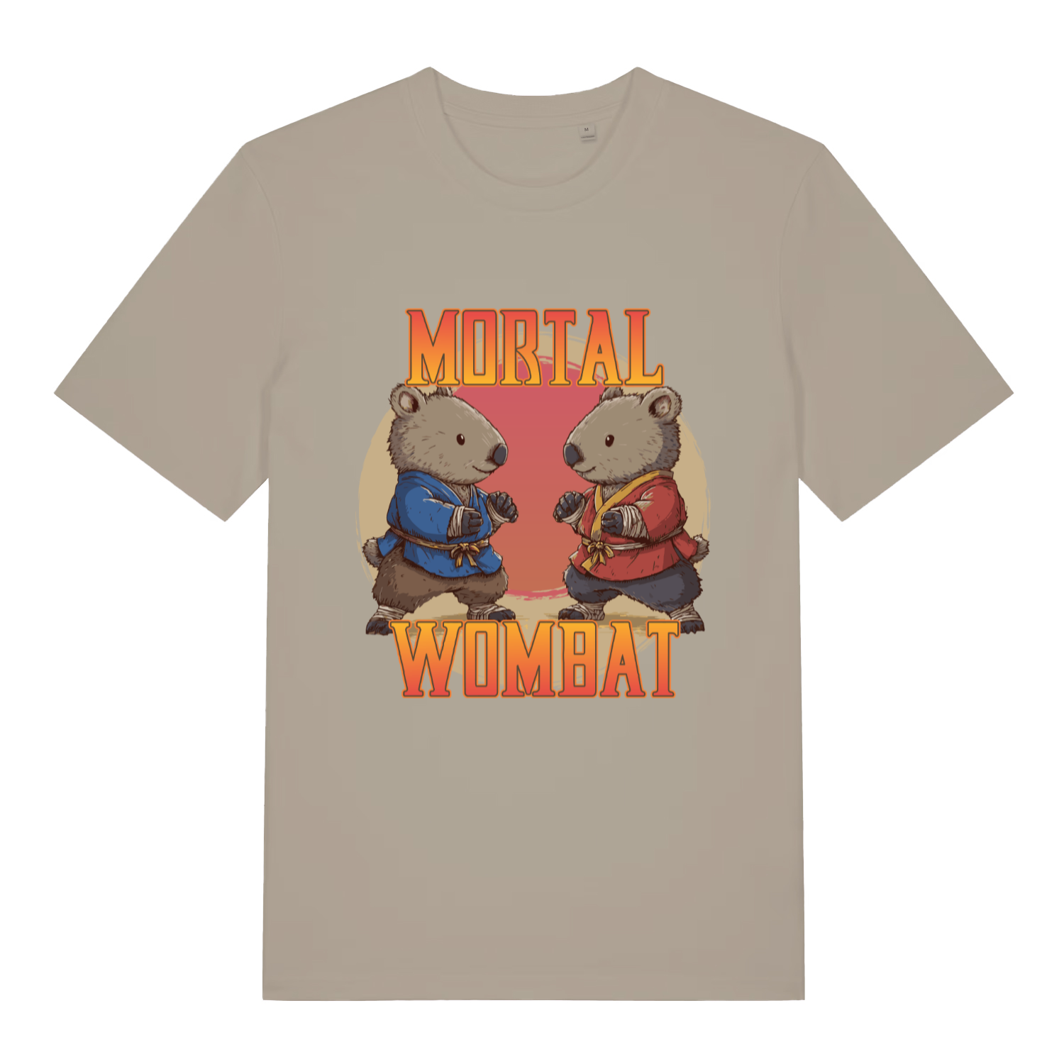 Beige Mortal Wombat funny graphic t-shirt with two fighting wombats and bold “MORTAL WOMBAT” text  