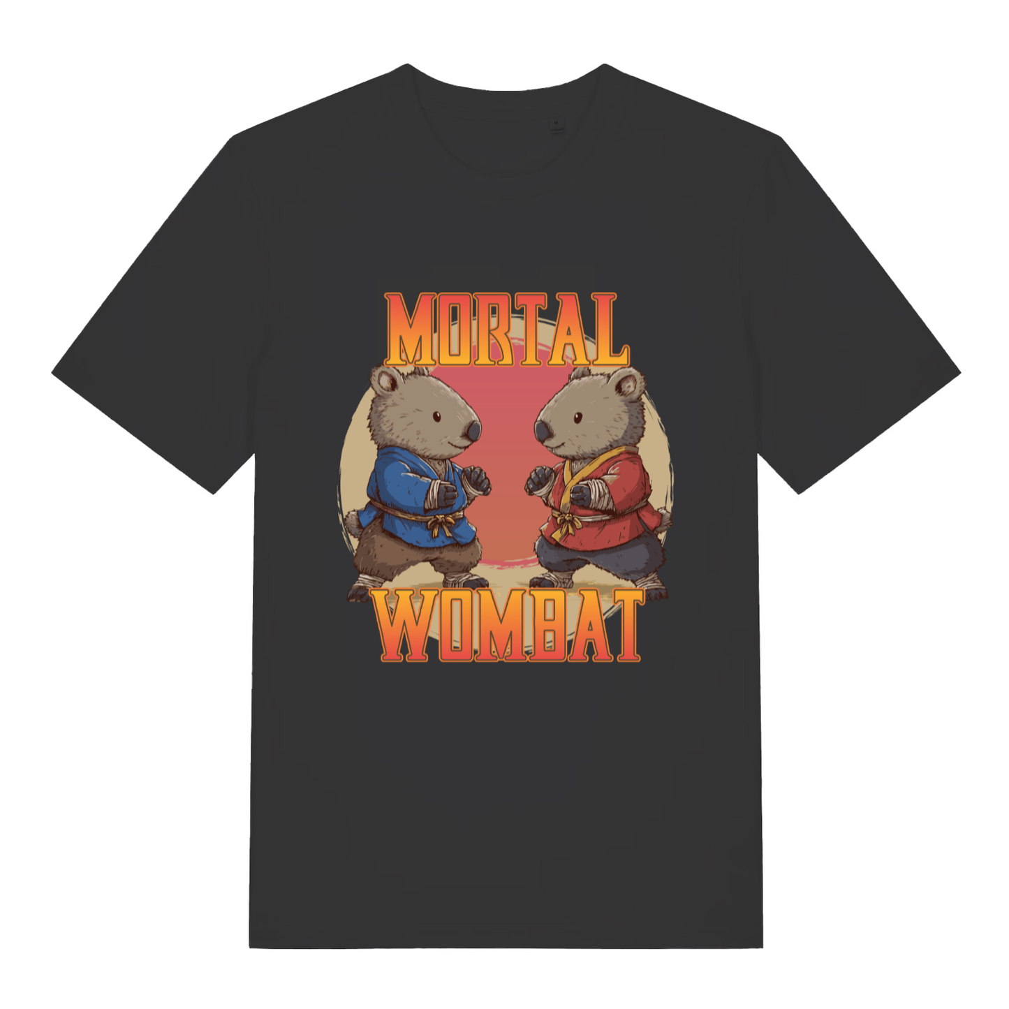 Black Mortal Wombat funny graphic t-shirt featuring martial arts wombats and fiery lettering  