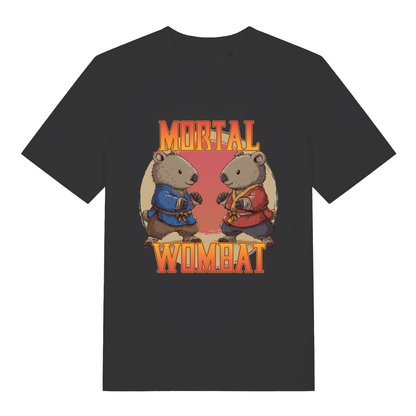 Black Mortal Wombat funny graphic t-shirt featuring martial arts wombats and fiery lettering  