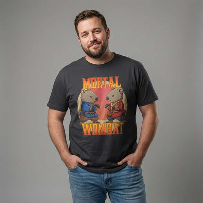 Bearded man smiling with hands in pockets in black Mortal Wombat tee, funny mens witty animal gaming graphic