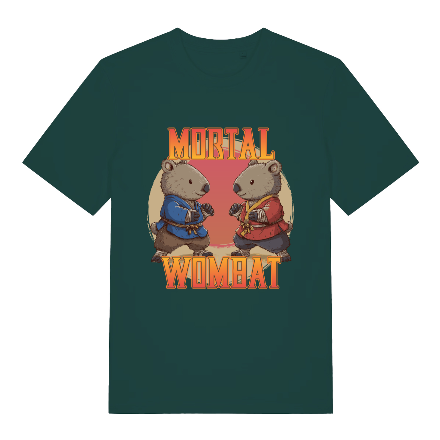 Green Mortal Wombat funny graphic t-shirt with two wombats in fighting stance and bold design  