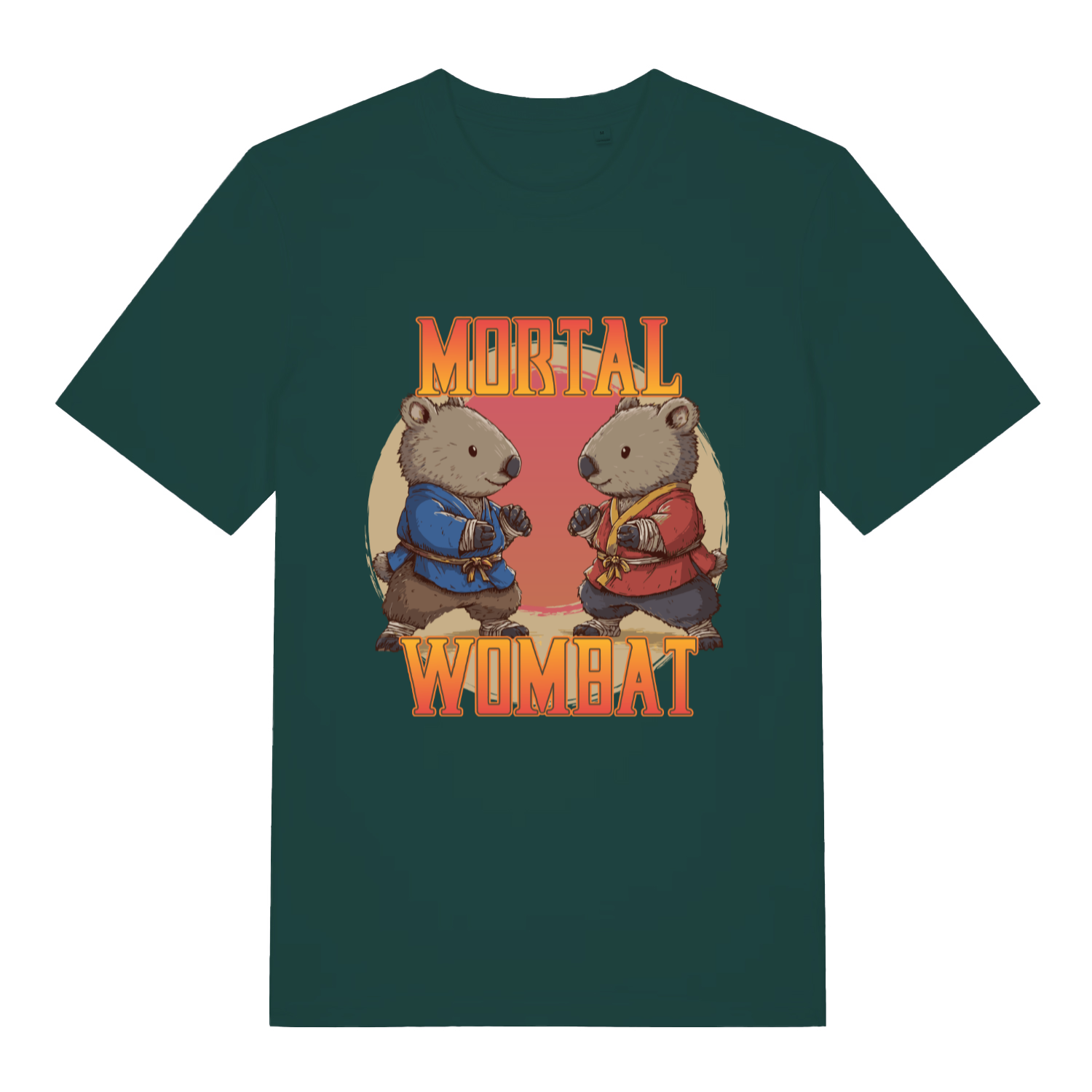 Green Mortal Wombat funny graphic t-shirt with two wombats in fighting stance and bold design  