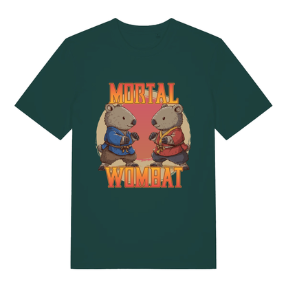 Green Mortal Wombat funny graphic t-shirt with two wombats in fighting stance and bold design  