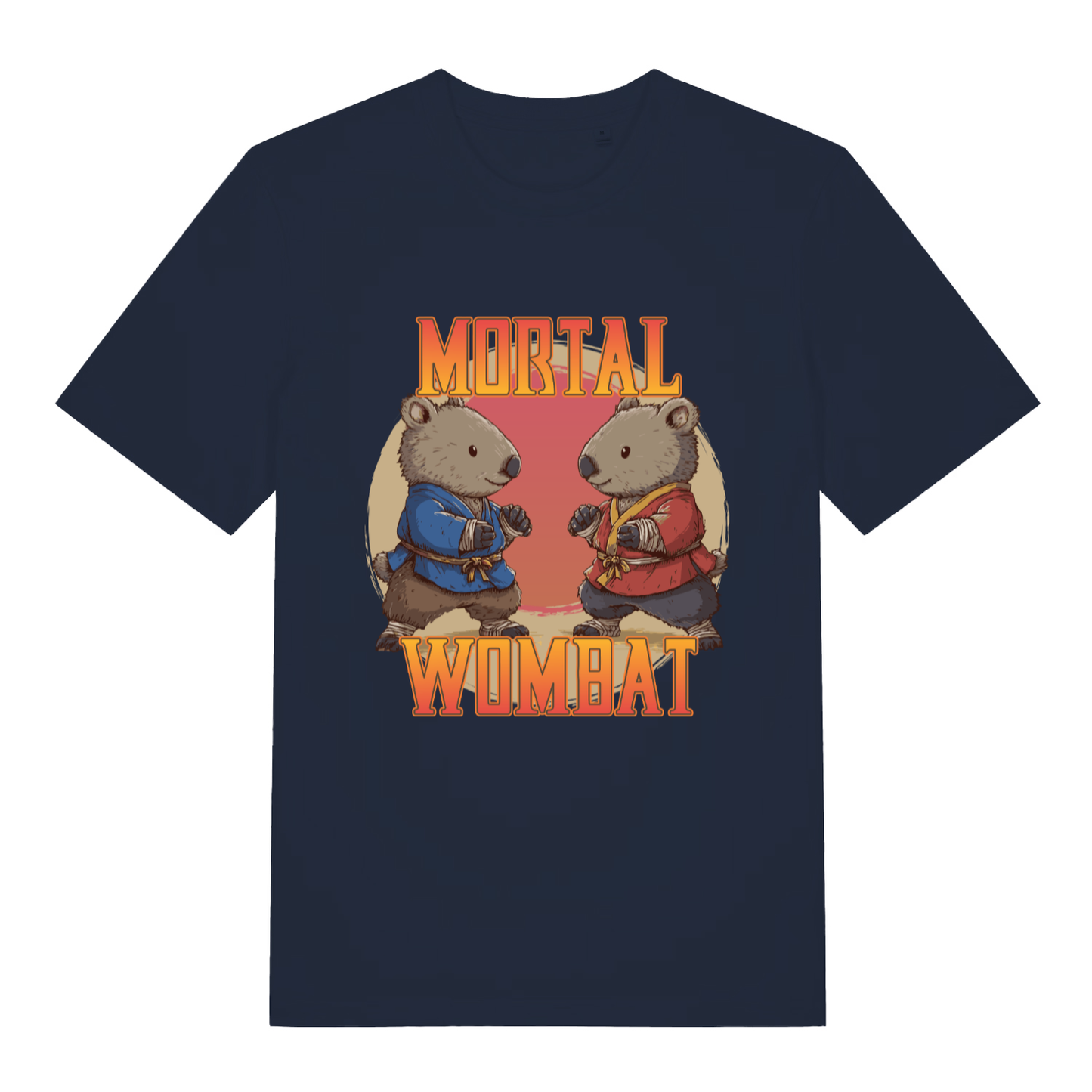 Navy Mortal Wombat funny graphic t-shirt showing fighting wombats and “MORTAL WOMBAT” text  