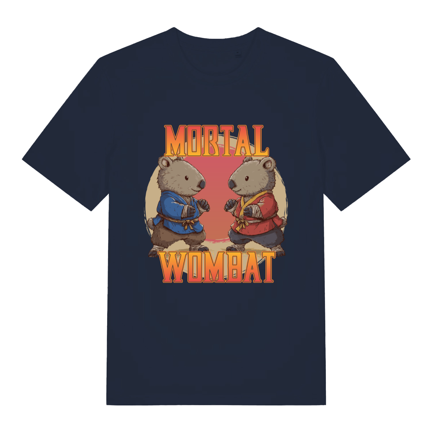 Navy Mortal Wombat funny graphic t-shirt showing fighting wombats and “MORTAL WOMBAT” text  