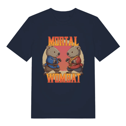 Navy Mortal Wombat funny graphic t-shirt showing fighting wombats and “MORTAL WOMBAT” text  