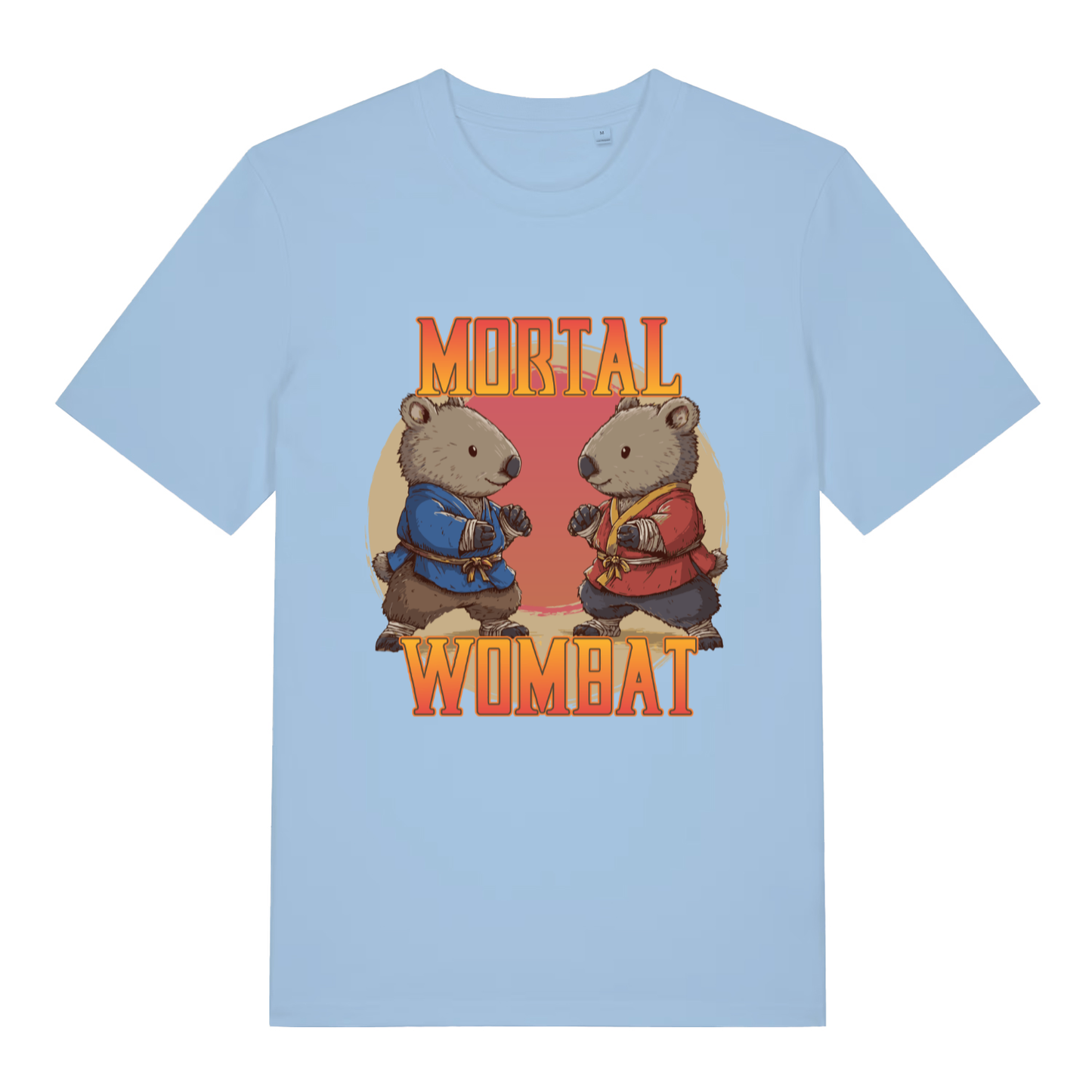 Sky blue Mortal Wombat funny graphic t-shirt with martial arts wombats and fiery logo  