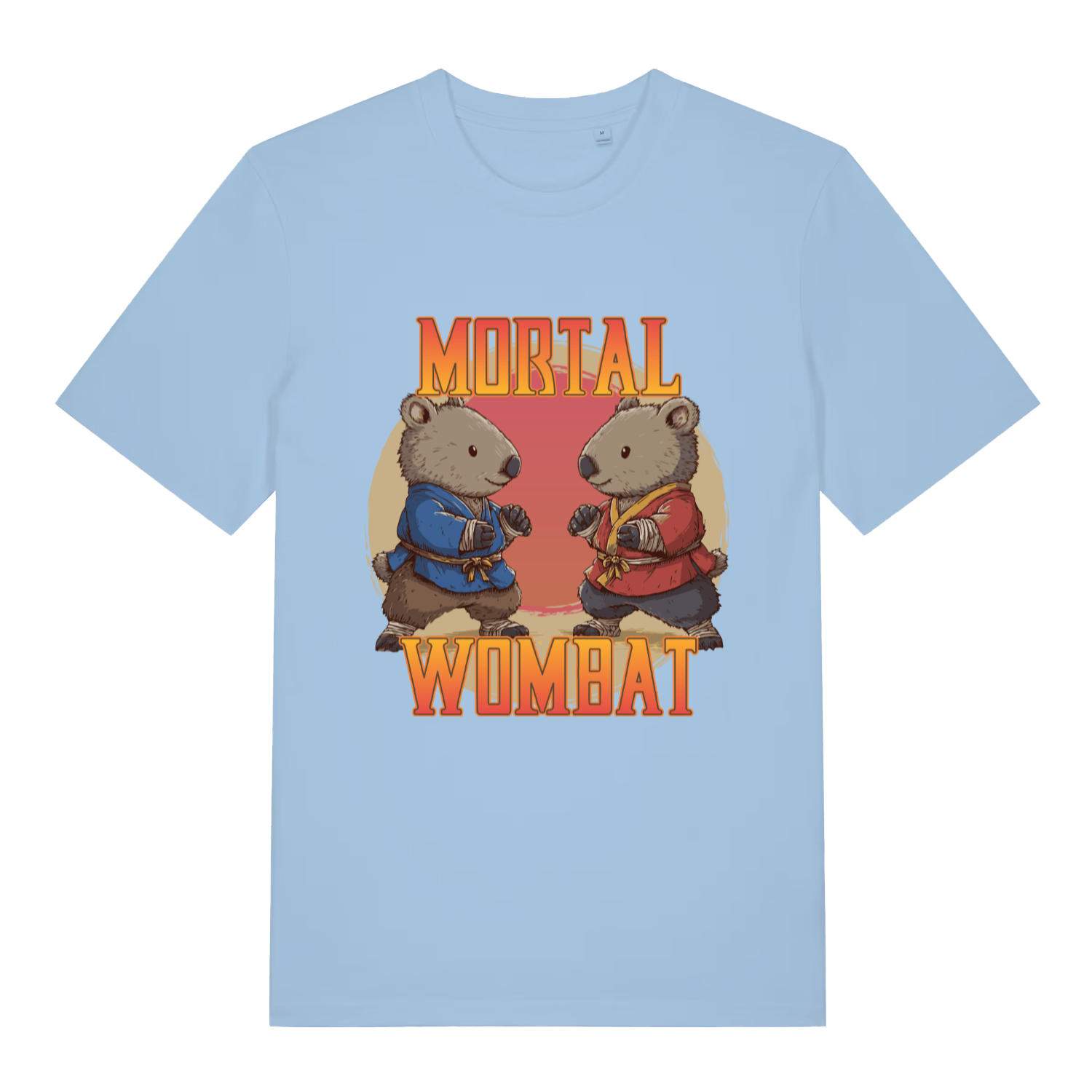 Sky blue Mortal Wombat funny graphic t-shirt with martial arts wombats and fiery logo  