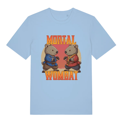 Sky blue Mortal Wombat funny graphic t-shirt with martial arts wombats and fiery logo  