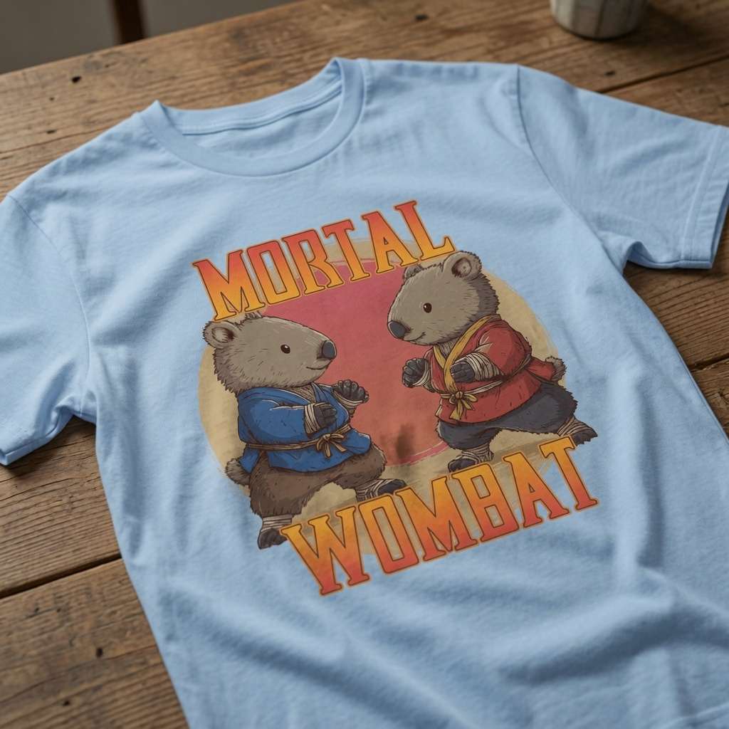 Sky blue Mortal Wombat t-shirt on wood with wombat fighters design, fun mens witty animal gamer graphic