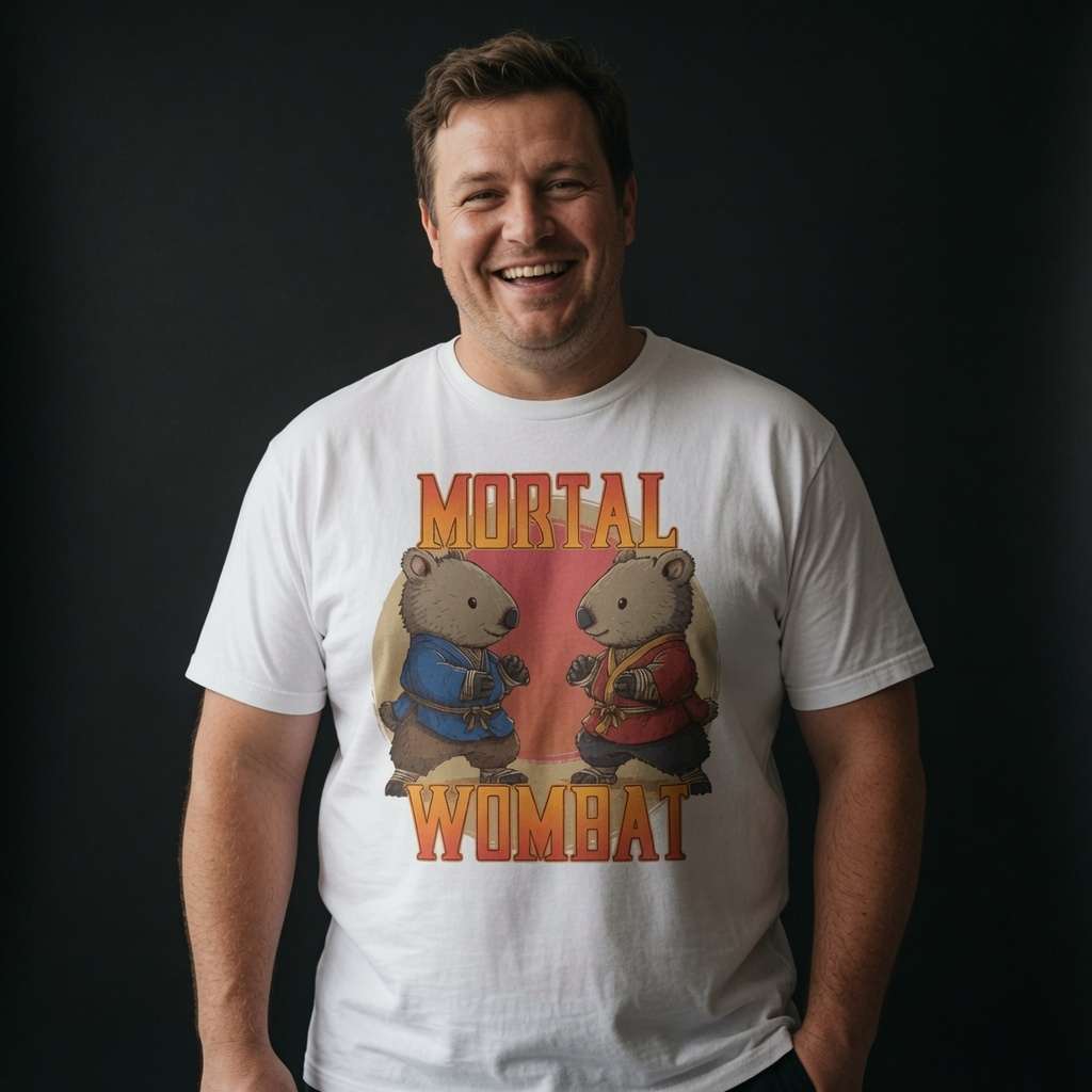 Man laughing in white Mortal Wombat t-shirt featuring two martial arts wombats, fun cheeky mens humorous animal gamer