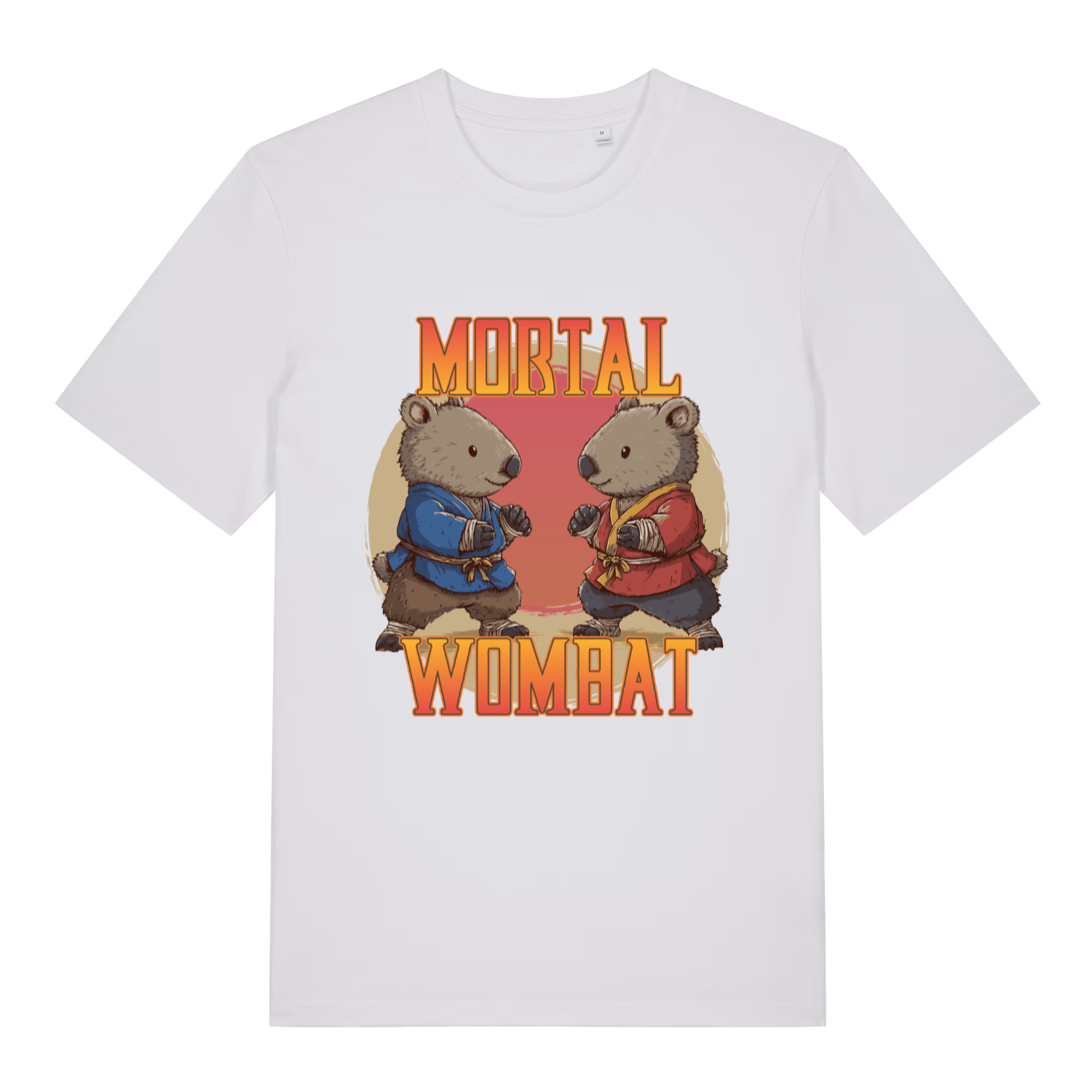 White Mortal Wombat funny graphic t-shirt featuring two fighting wombats and bold lettering  