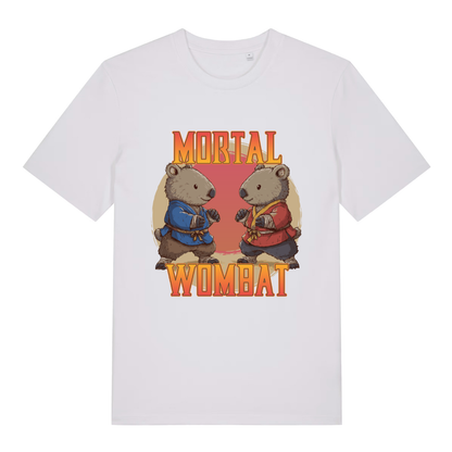 White Mortal Wombat funny graphic t-shirt featuring two fighting wombats and bold lettering  