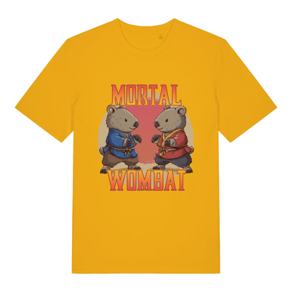 Yellow Mortal Wombat funny graphic t-shirt with fighting wombats and “MORTAL WOMBAT” design  