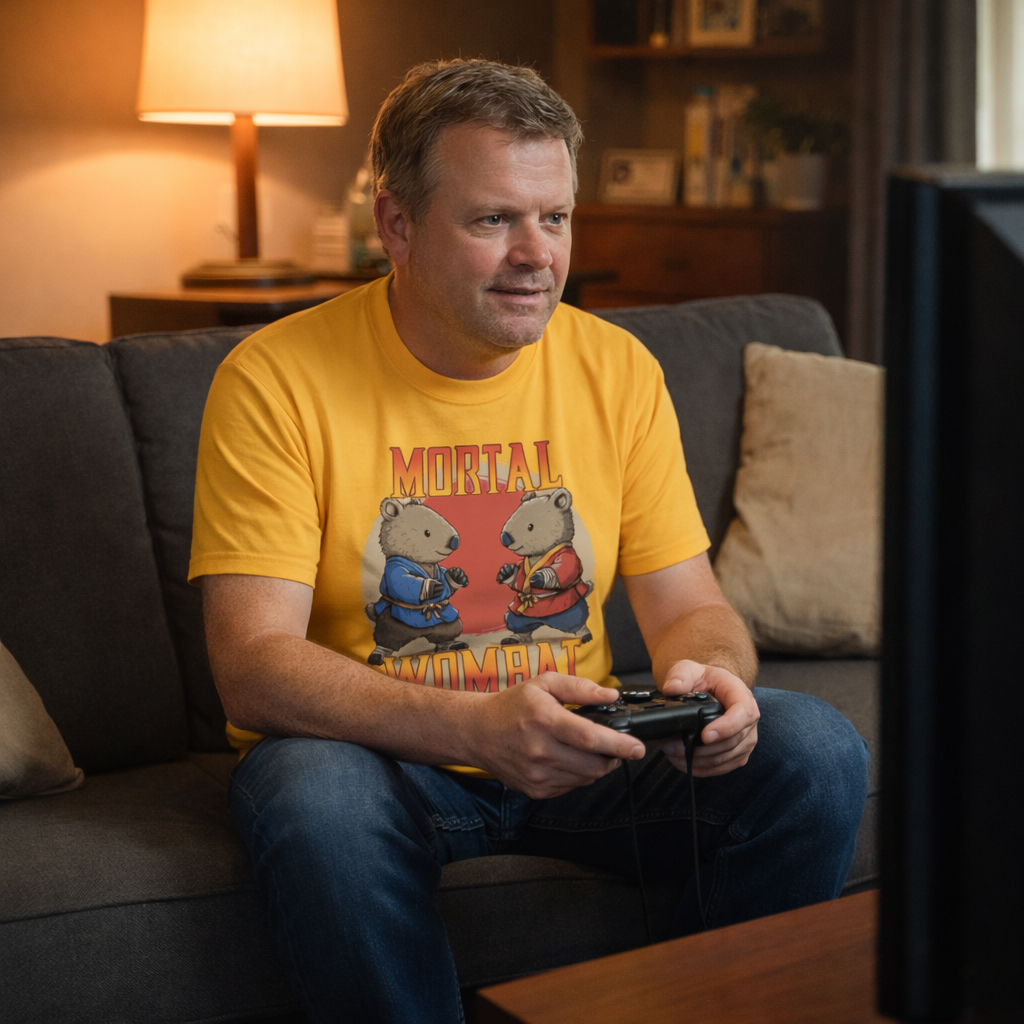 Man wearing a 'Mortal Wombat' t-shirt playing video games in a living room.