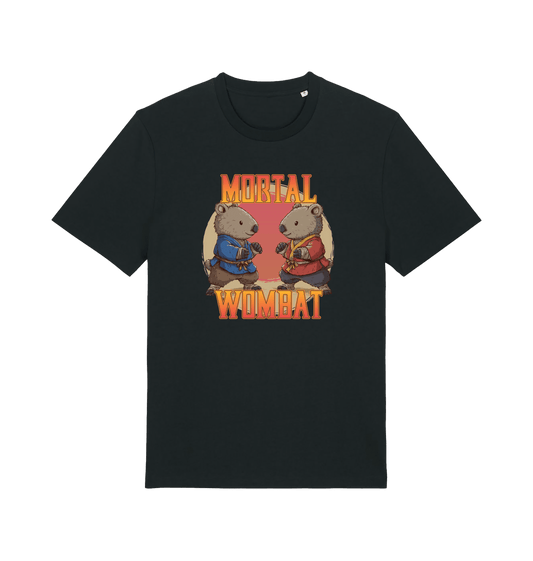 black funny animal t-shirt with the graphic of wombats posed to have a karate match and the slogan 'mortal wombat'