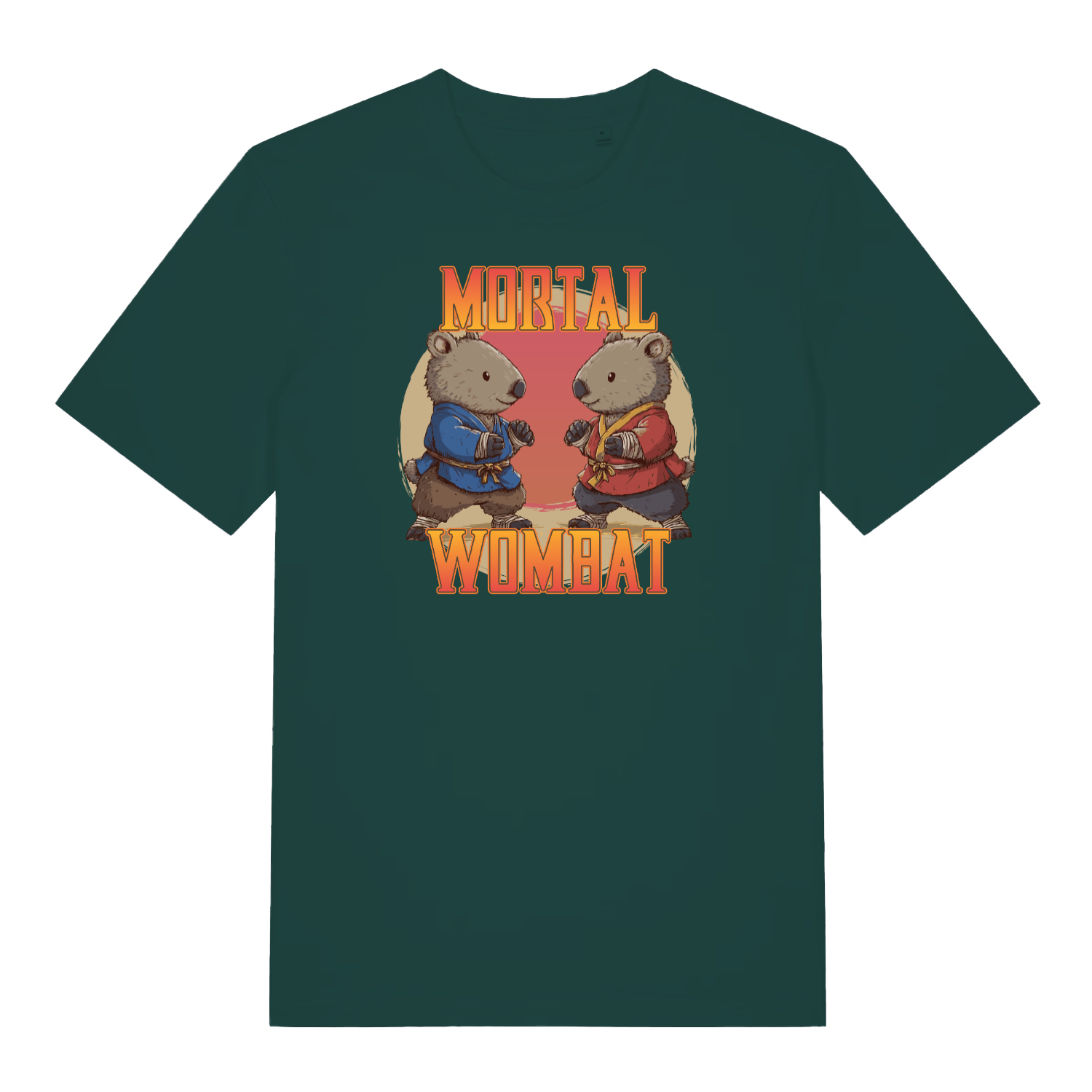 green funny animal t-shirt with the graphic of two wombats in karate kits and the slogan 'mortal wombat'
