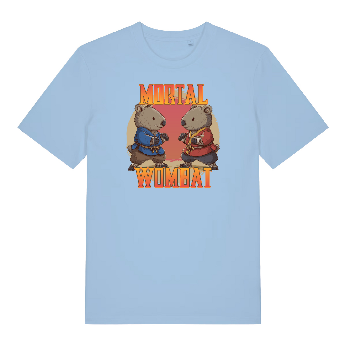 light blue funny animal t-shirt with the graphic of two wombats in karate kits and the slogan 'mortal wombat'
