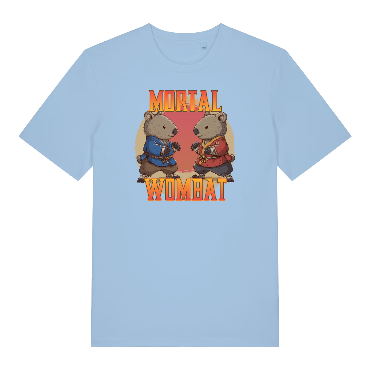 light blue funny animal t-shirt with the graphic of two wombats in karate kits and the slogan 'mortal wombat'