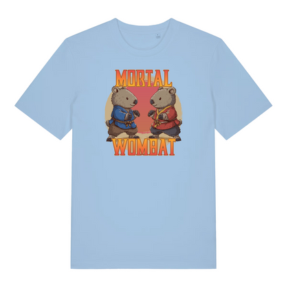 light blue funny animal t-shirt with the graphic of two wombats in karate kits and the slogan 'mortal wombat'
