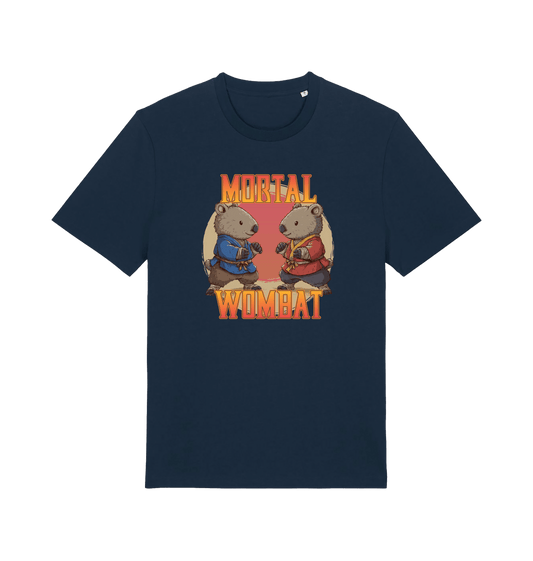 navy funny animal t-shirt with the graphic of wombats posed to have a karate match and the slogan 'mortal wombat'