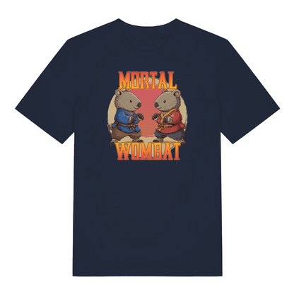 navy funny animal t-shirt with the graphic of two wombats in karate kits and the slogan 'mortal wombat'