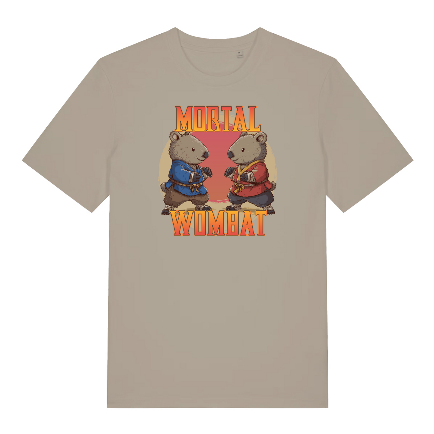 stone funny animal t-shirt with the graphic of two wombats in karate kits and the slogan 'mortal wombat'