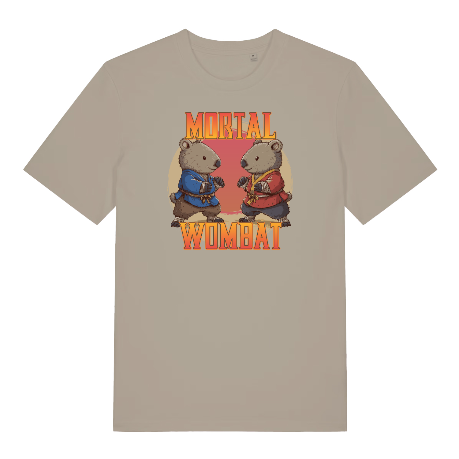 stone funny animal t-shirt with the graphic of two wombats in karate kits and the slogan 'mortal wombat'