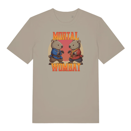 stone funny animal t-shirt with the graphic of two wombats in karate kits and the slogan 'mortal wombat'