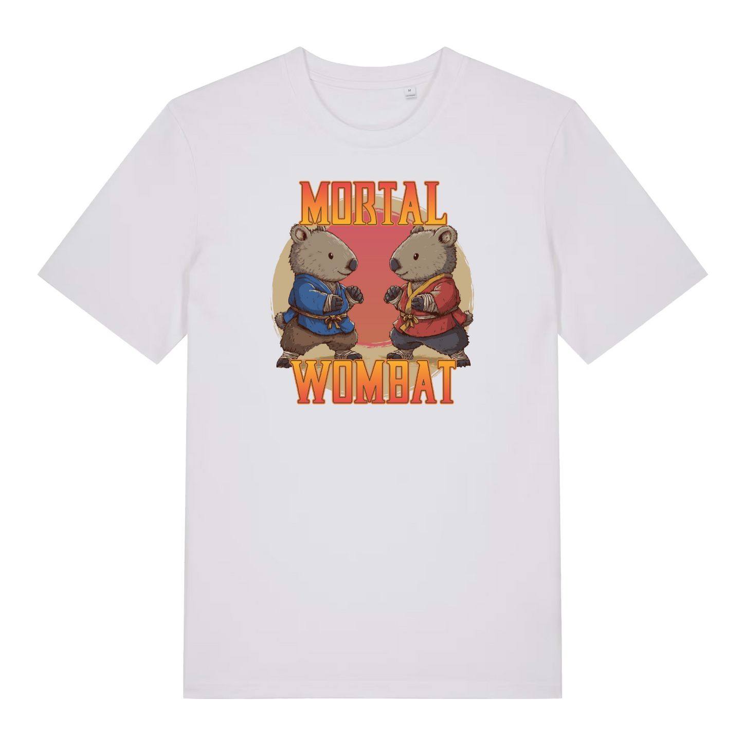 white funny animal t-shirt with the graphic of two wombats in karate kits and the slogan 'mortal wombat'