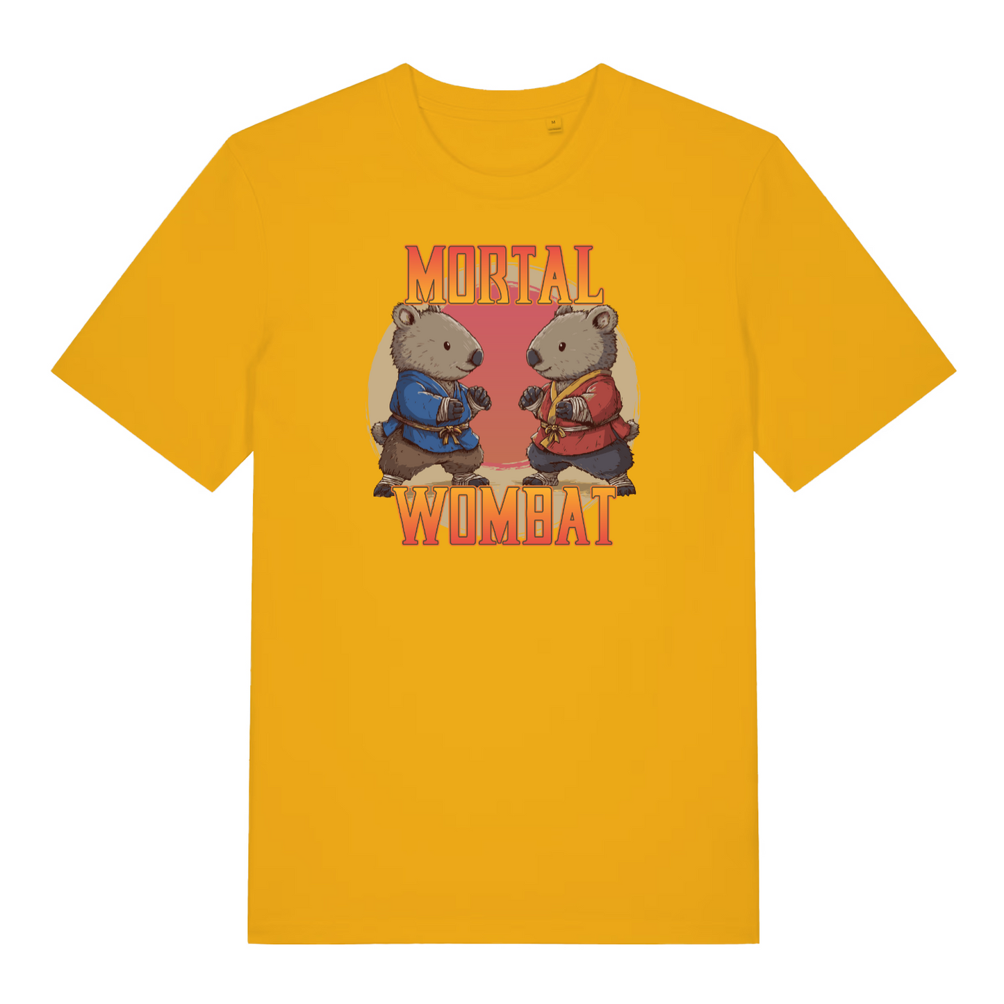 yellow funny animal t-shirt with the graphic of two wombats in karate kits and the slogan 'mortal wombat'