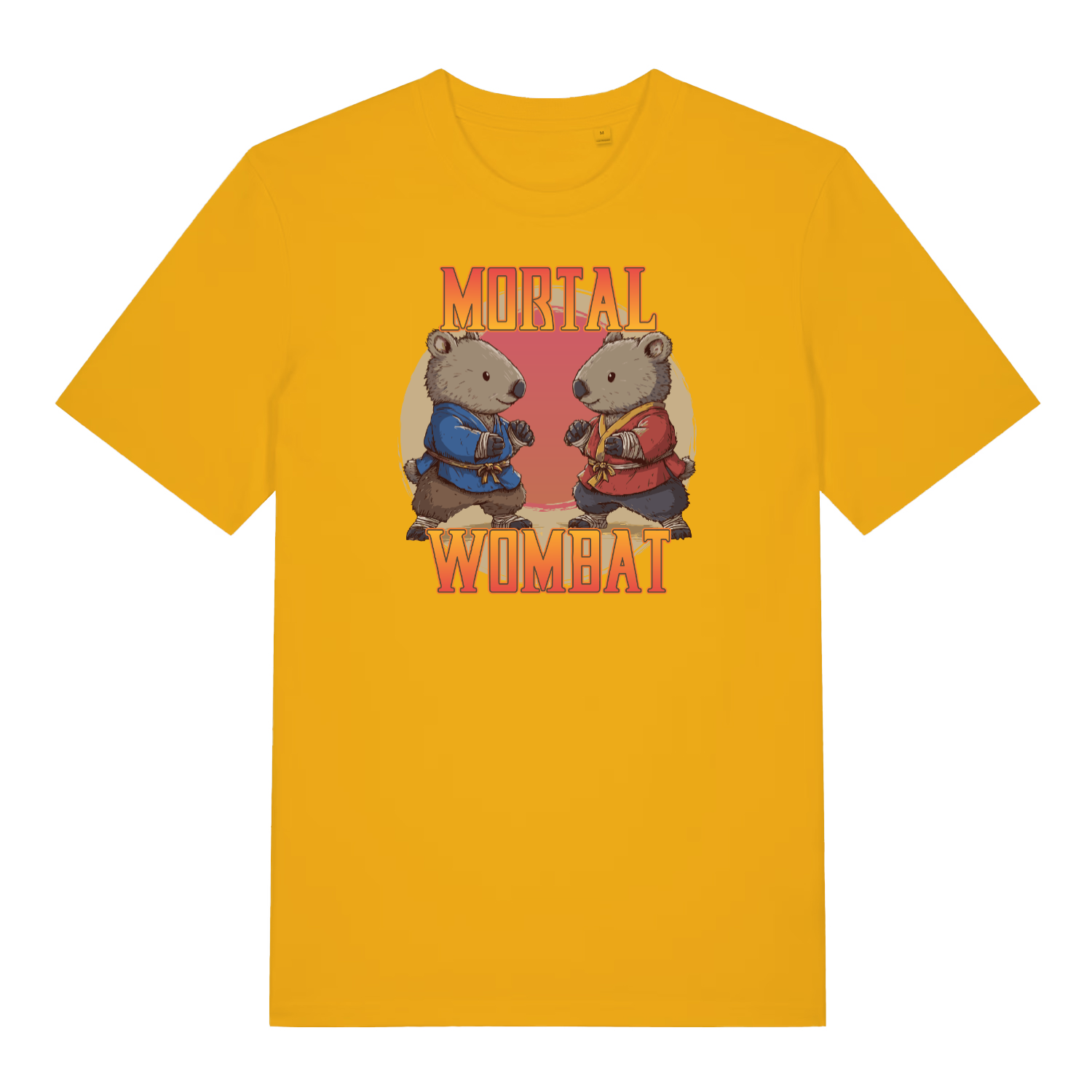 yellow funny animal t-shirt with the graphic of two wombats in karate kits and the slogan 'mortal wombat'
