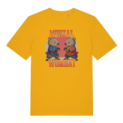 yellow funny animal t-shirt with the graphic of two wombats in karate kits and the slogan 'mortal wombat'