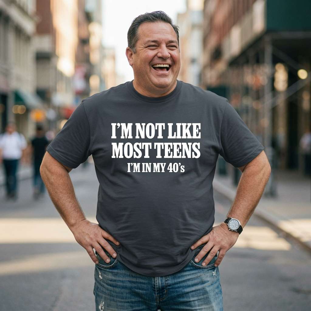 Man laughing with hands on hips in ink grey I’m Not Like Most Teens I’m In My 40’s tee, mens funny witty 40 age related slogan