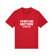 red funny slogan t-shirt with 'i'm not like most teens im in my 40's'