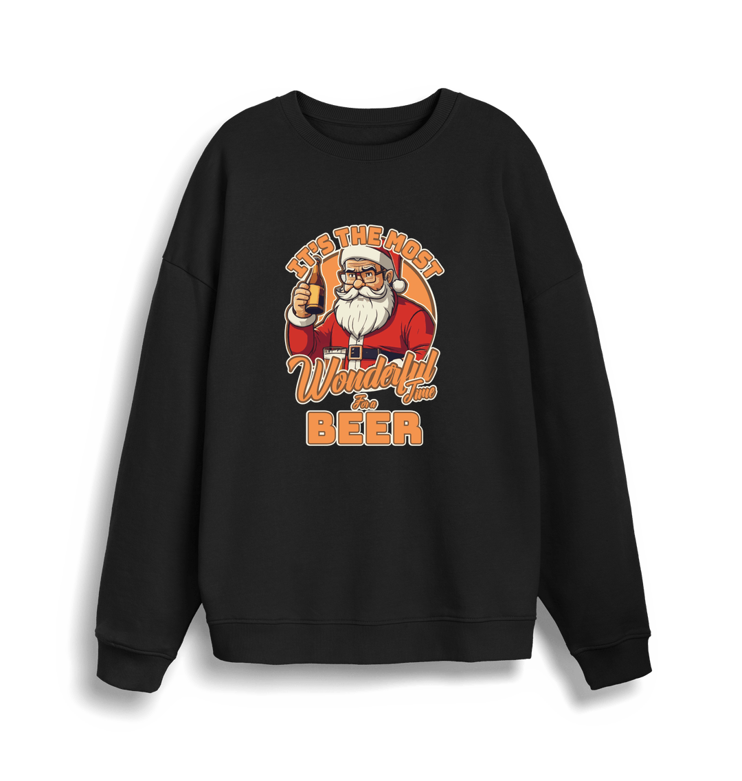 black xmas sweater with the graphic of santa drinking a beer and the slogan 'it's the most wonderful time for a beer'